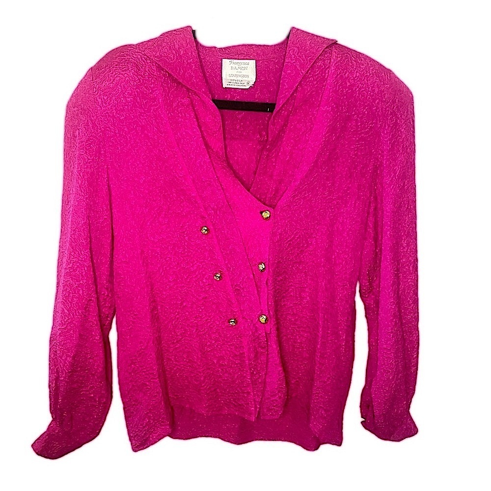 Vintage Silk Hot Pink Button-Up Statement Shoulder Barbiecore Long Sleeve Blouse - Picture 3 of 14